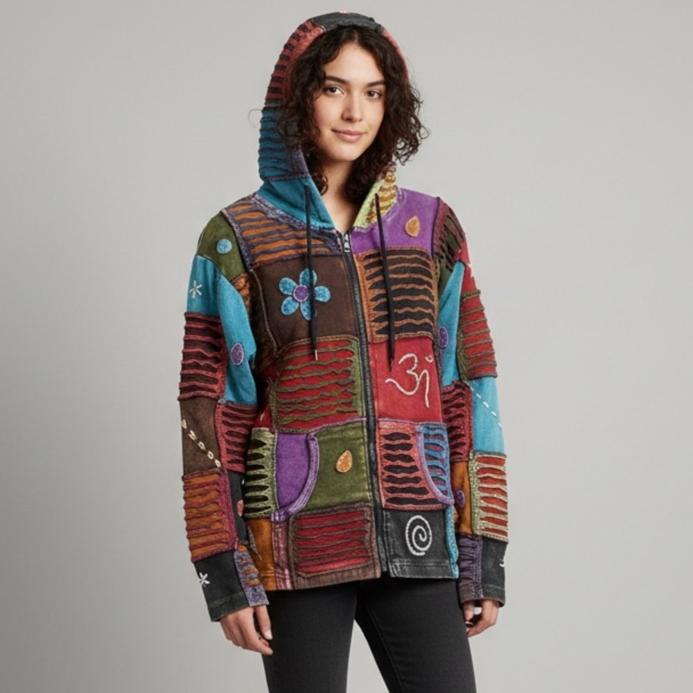 Vintage Colourful Patchwork Quilted Embroidered Cotton Hoodie - S / M🇳🇵